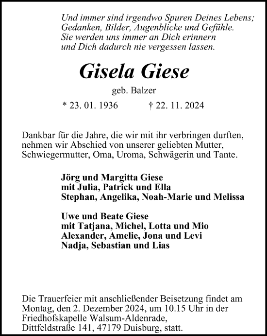 Traueranzeige von Gisela Giese von Tageszeitung