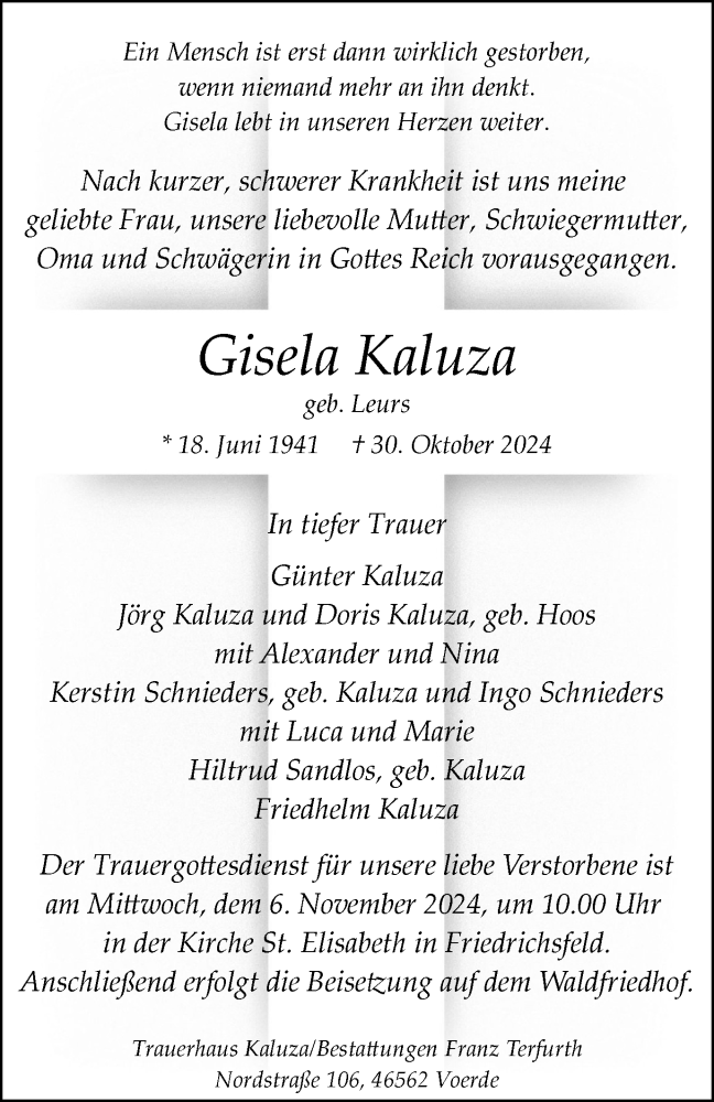  Traueranzeige für Gisela Kaluza vom 05.11.2024 aus Tageszeitung