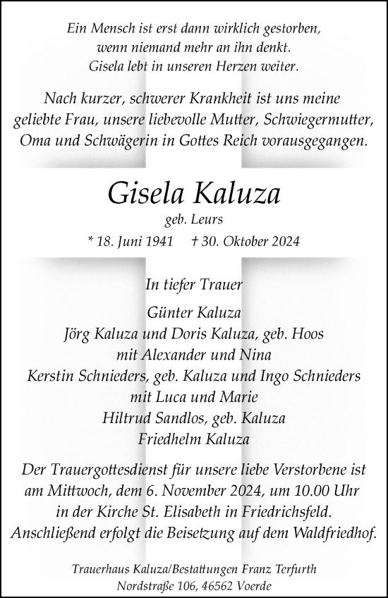 Traueranzeige von Gisela Kaluza von Tageszeitung