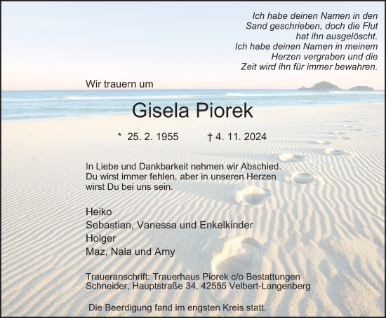 Traueranzeige von Gisela Piorek von Tageszeitung