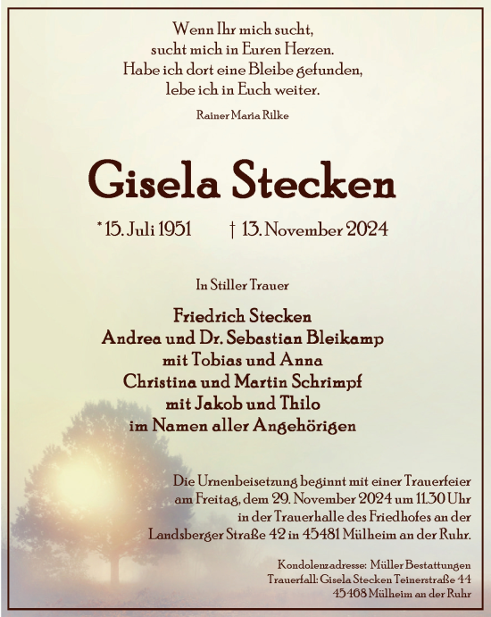 Traueranzeige von Gisela Stecken von Tageszeitung