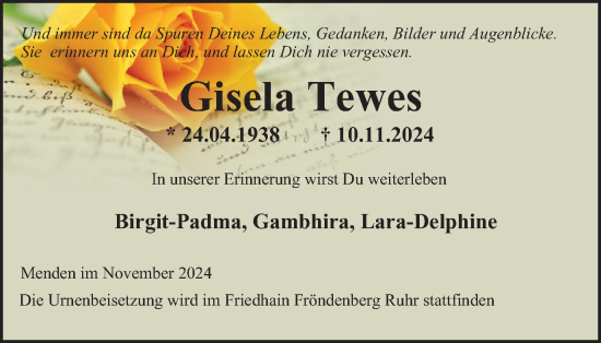 Traueranzeige von Gisela Tewes von Tageszeitung