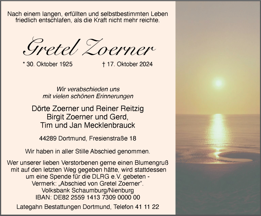  Traueranzeige für Gretel Zoerner vom 02.11.2024 aus Tageszeitung