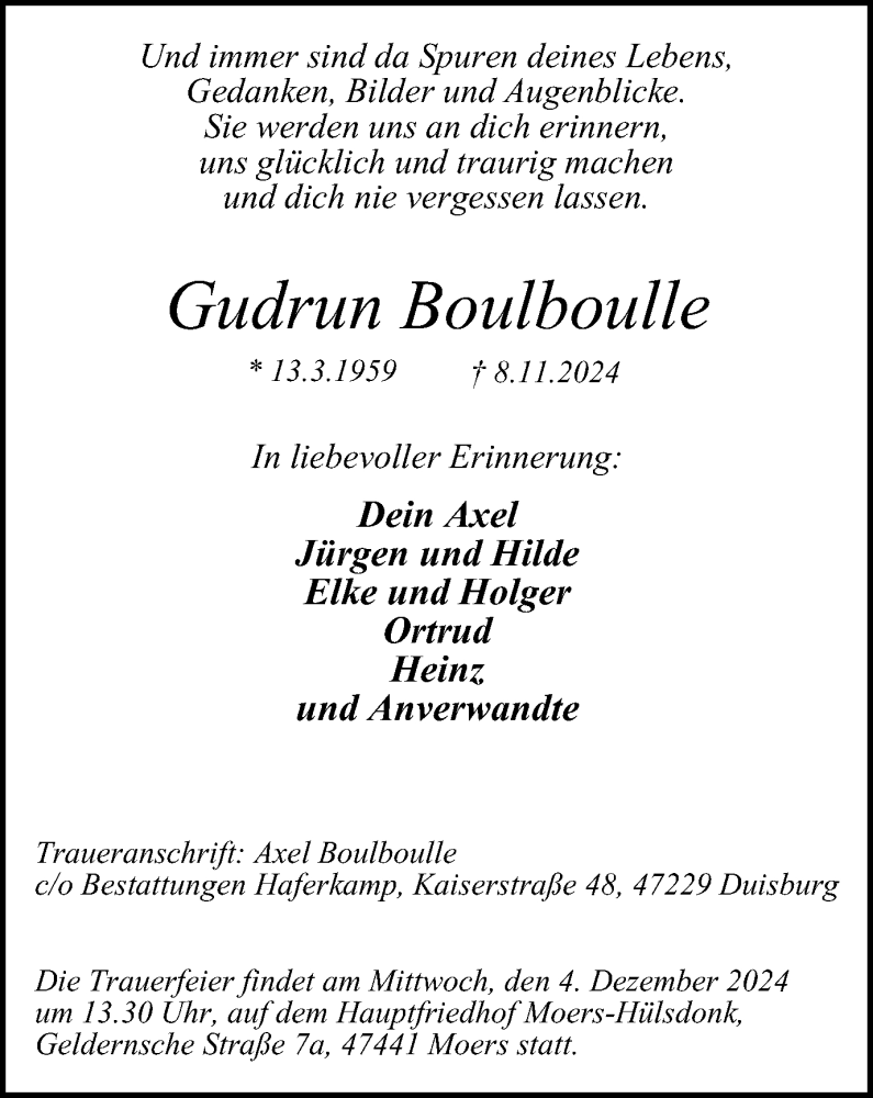  Traueranzeige für Gudrun Boulboulle vom 30.11.2024 aus Tageszeitung