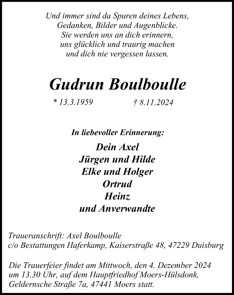  Traueranzeige für Gudrun Boulboulle vom 23.11.2024 aus Tageszeitung