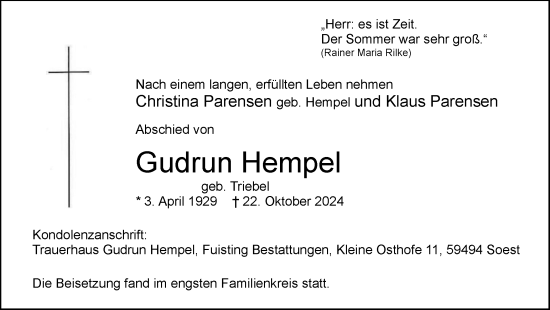 Traueranzeige von Gudrun Hempel von Tageszeitung
