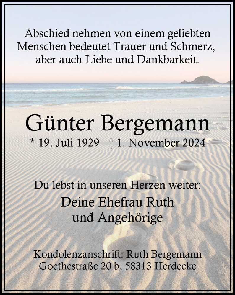 Traueranzeige für Günter Bergemann vom 09.11.2024 aus Tageszeitung