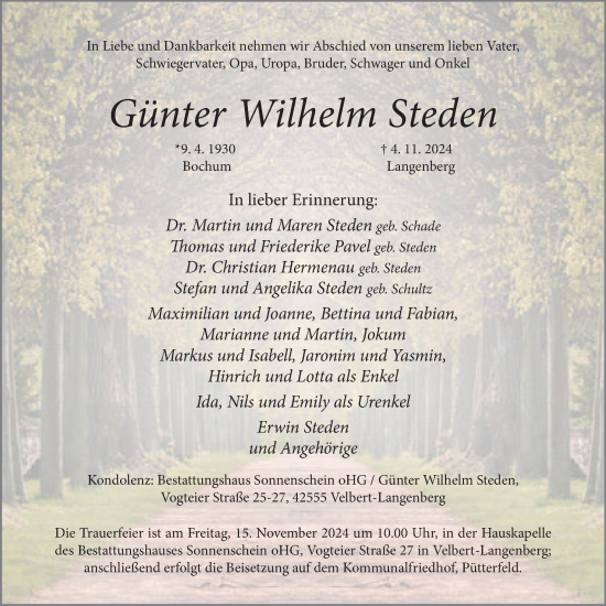Traueranzeige von Günter Wilhelm Steden von Tageszeitung