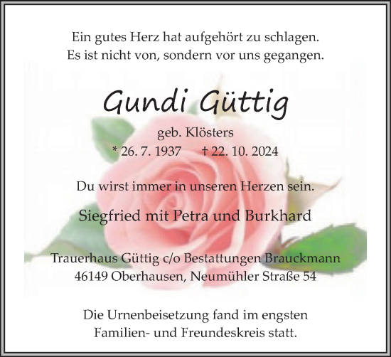 Traueranzeige von Gundi Güttig von Tageszeitung
