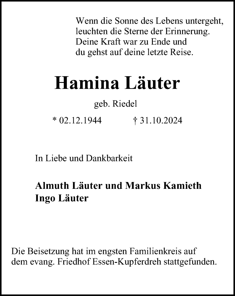  Traueranzeige für Hamina Läuter vom 30.11.2024 aus Tageszeitung