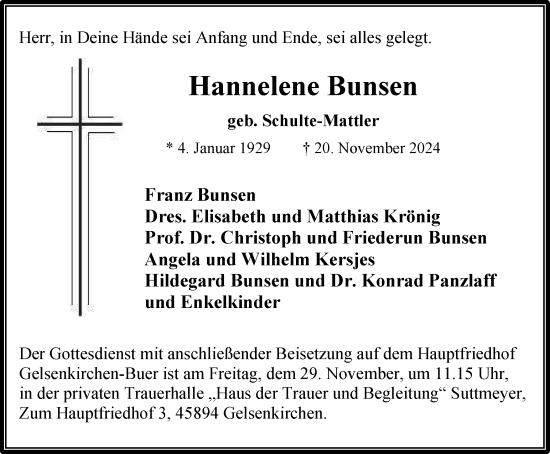 Traueranzeige von Hannelene Bunsen von Tageszeitung