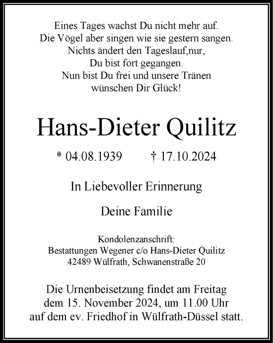 Traueranzeige von Hans-Dieter Quilitz von Tageszeitung