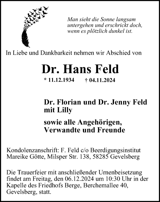 Traueranzeige von Hans Feld von Tageszeitung