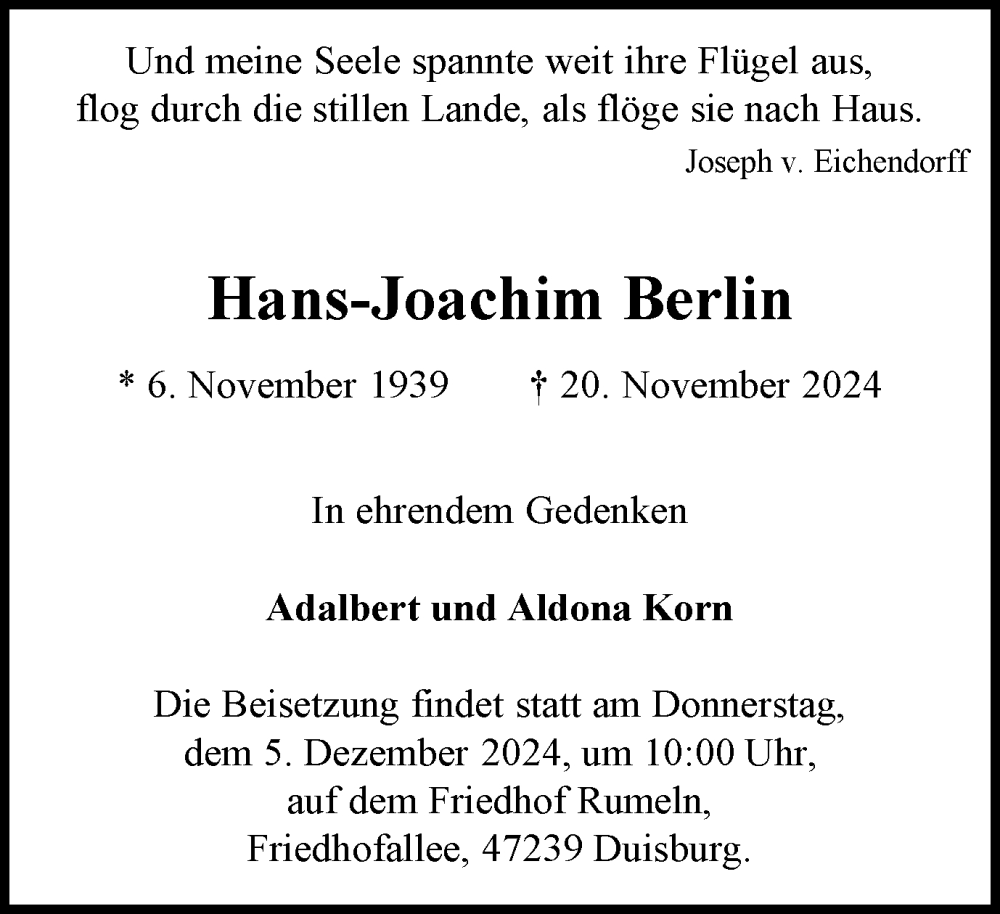  Traueranzeige für Hans-Joachim Berlin vom 30.11.2024 aus Tageszeitung