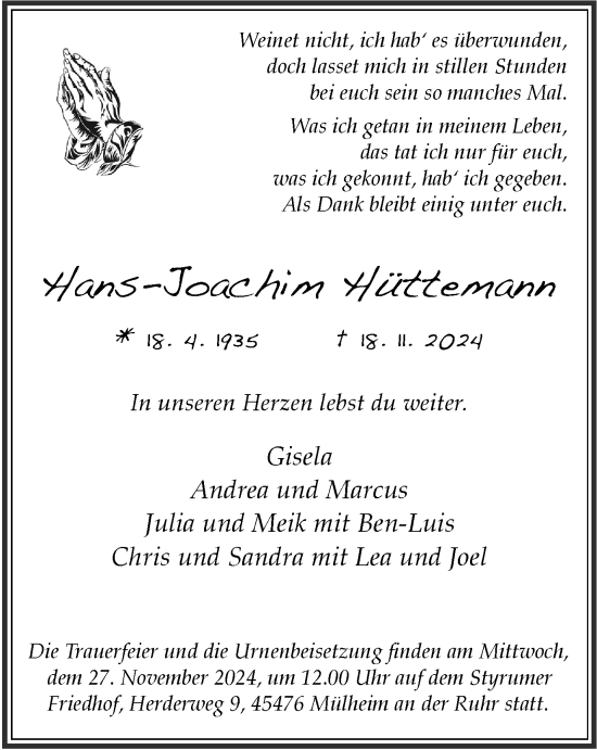 Traueranzeige von Hans-Joachim Hüttemann von Tageszeitung