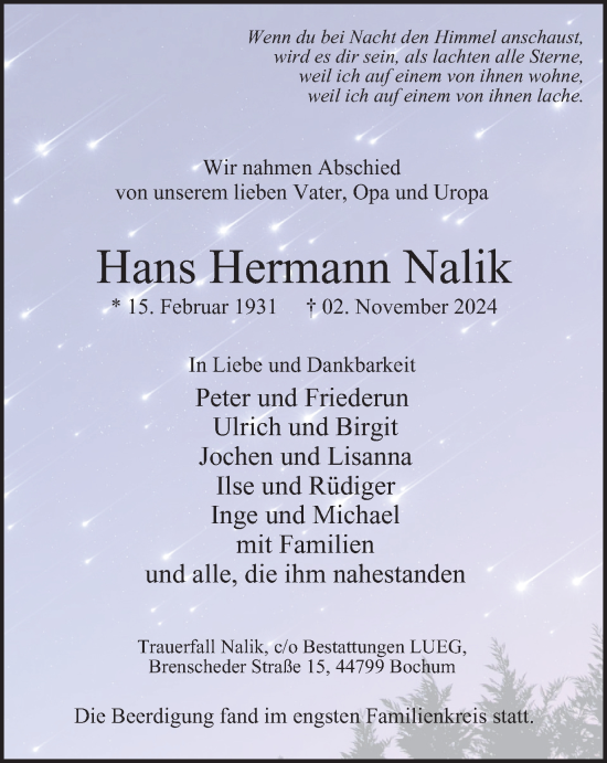 Traueranzeige von Hans Hermann Nalik von Tageszeitung