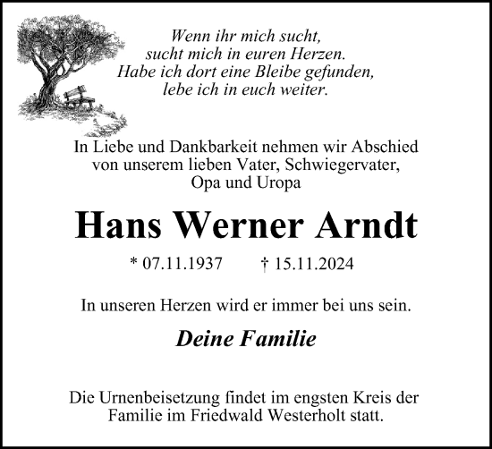 Traueranzeige von Hans Werner Arndt von Tageszeitung