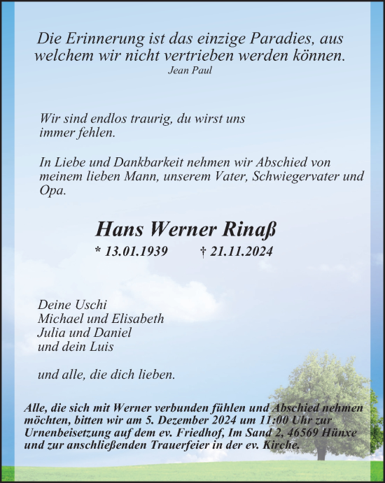 Traueranzeige von Hans Werner Rinaß von Tageszeitung
