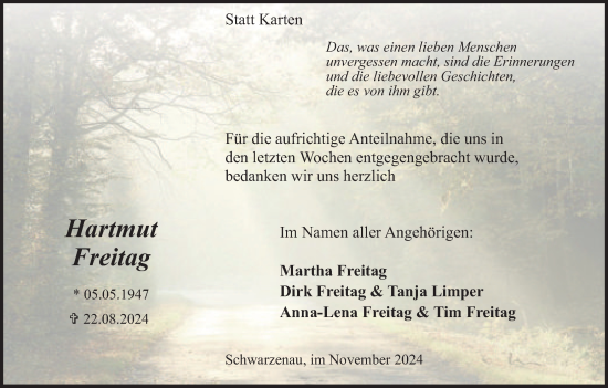 Traueranzeige von Hartmut Freitag von Tageszeitung
