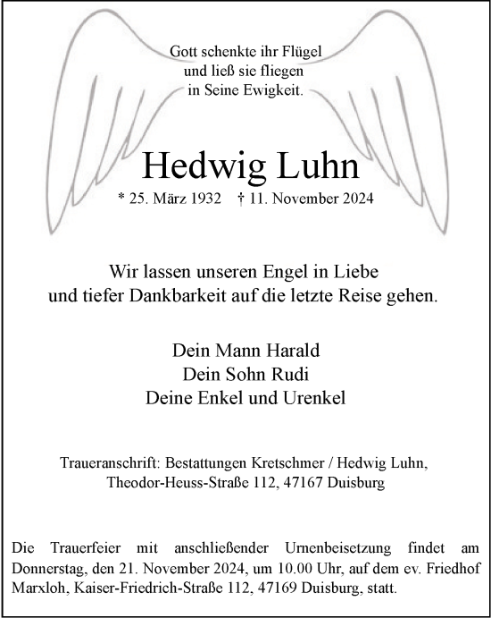 Traueranzeige von Hedwig Luhn von Tageszeitung