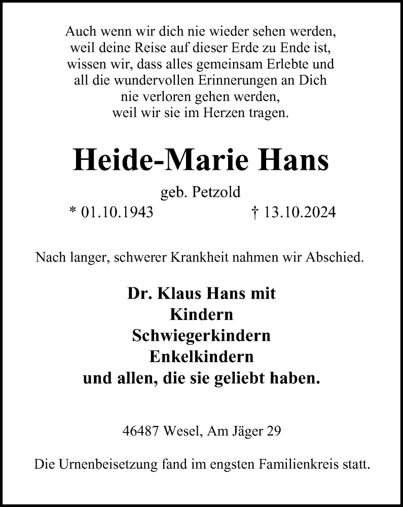  Traueranzeige für Heide-Marie Hans vom 05.11.2024 aus Tageszeitung