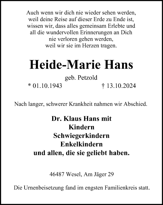 Traueranzeige von Heide-Marie Hans von Tageszeitung