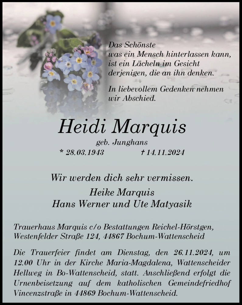  Traueranzeige für Heidi Marquis vom 23.11.2024 aus Tageszeitung