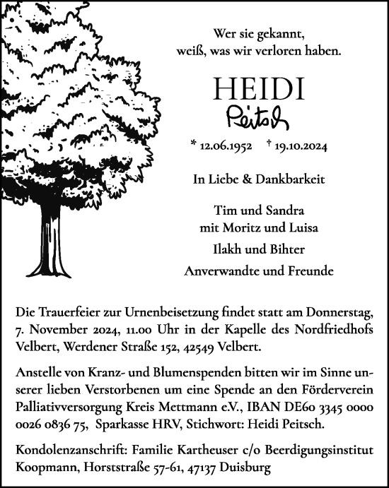 Traueranzeige von Heidi Peitsch von Tageszeitung