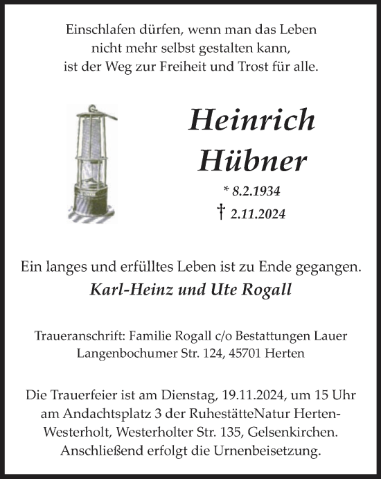 Traueranzeige von Heinrich Hübner von Tageszeitung