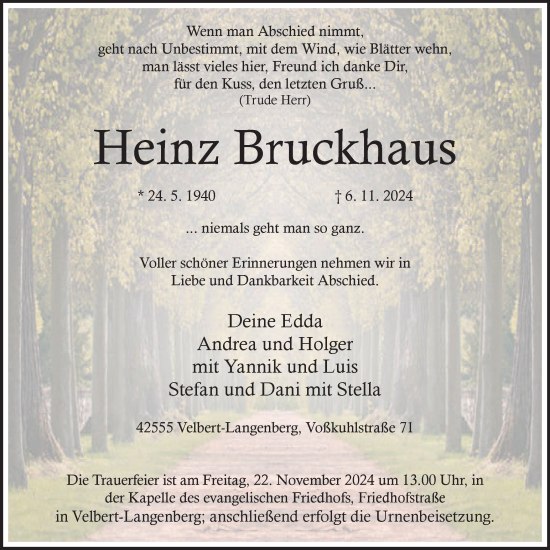 Traueranzeige von Heinz Bruckhaus von Tageszeitung