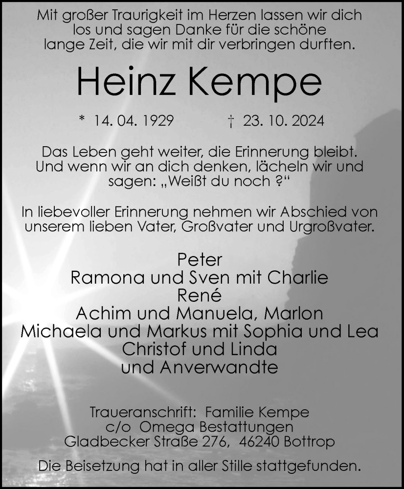  Traueranzeige für Heinz Kempe vom 16.11.2024 aus Tageszeitung