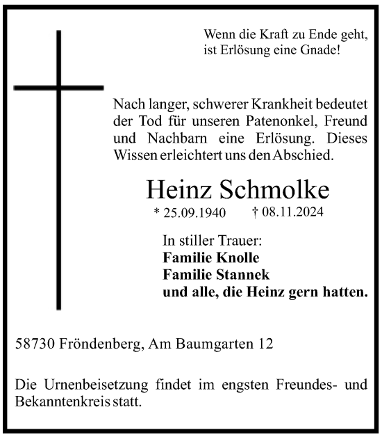 Traueranzeige von Heinz Schmolke von Tageszeitung