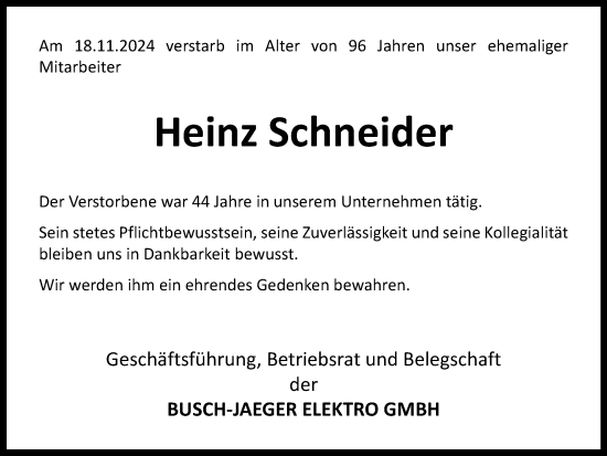 Traueranzeige von Heinz Schneider von Tageszeitung