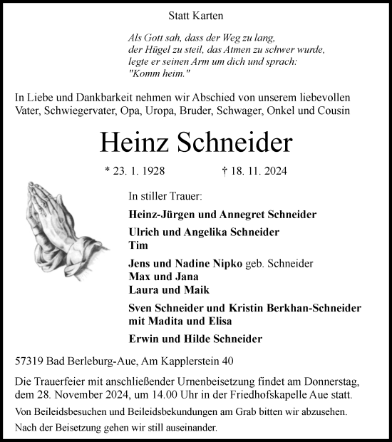 Traueranzeige von Heinz Schneider von Tageszeitung