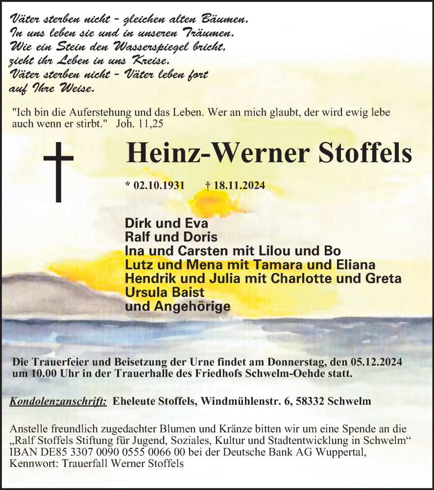  Traueranzeige für Heinz-Werner Stoffels vom 30.11.2024 aus Tageszeitung
