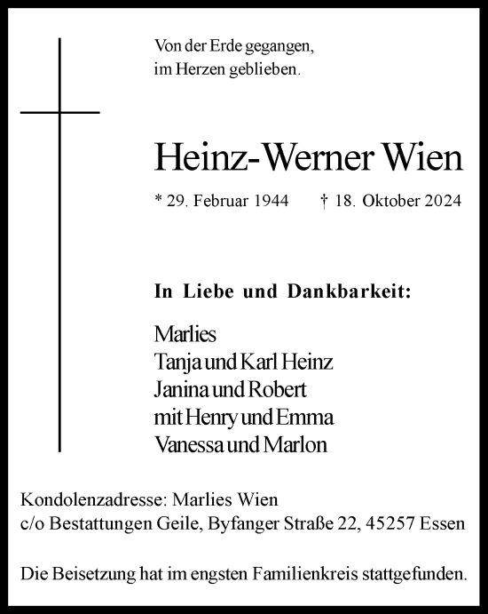 Traueranzeige von Heinz-Werner Wien von Tageszeitung