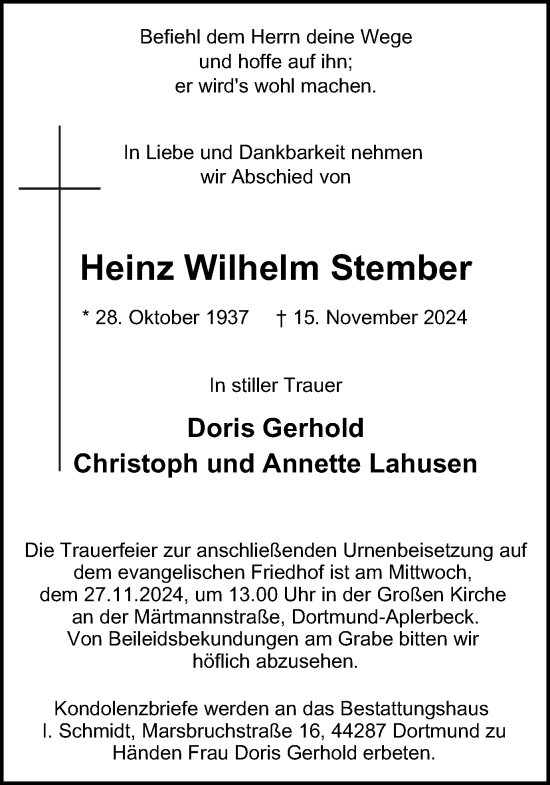 Traueranzeige von Heinz Wilhelm Stember von Tageszeitung