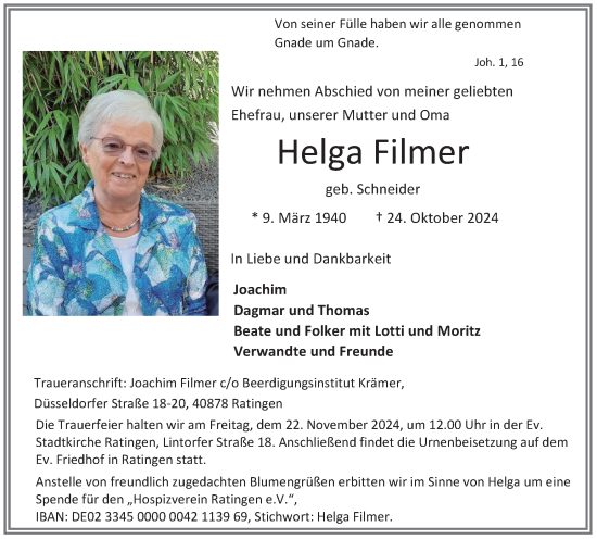 Traueranzeige von Helga Filmer von Tageszeitung