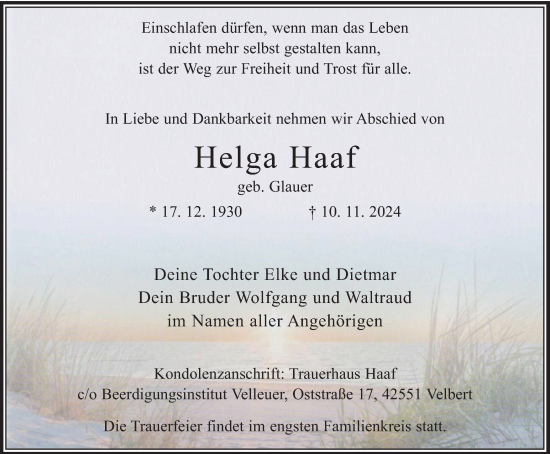 Traueranzeige von Helga Haaf von Tageszeitung