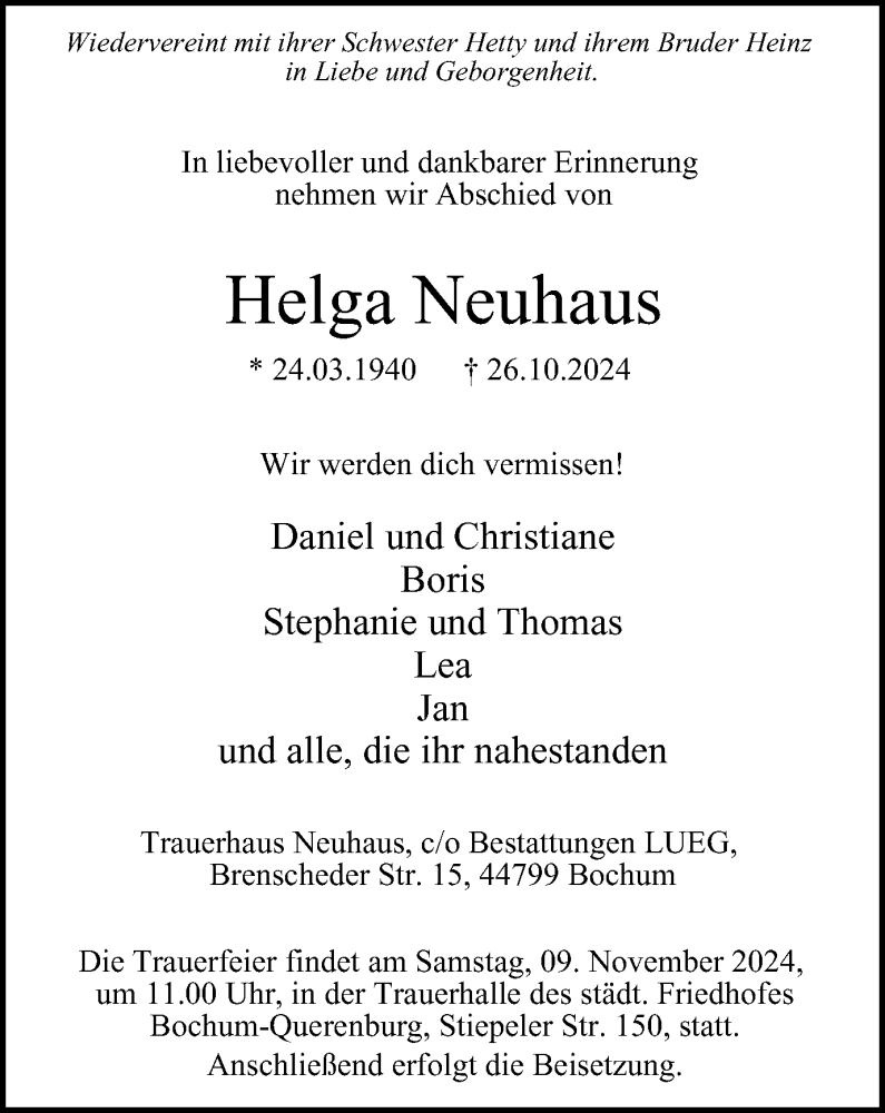  Traueranzeige für Helga Neuhaus vom 02.11.2024 aus Tageszeitung
