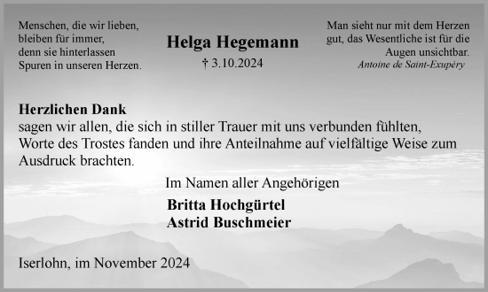 Traueranzeige von Helga Anna Hedwig Hegemann von Tageszeitung