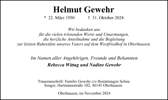 Traueranzeige von Helmut Gewehr von Tageszeitung