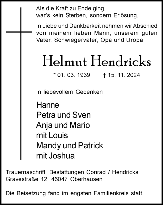 Traueranzeige von Helmut Hendricks von Tageszeitung