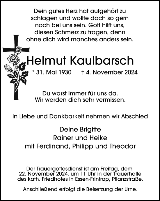 Traueranzeige von Helmut Kaulbarsch von Tageszeitung