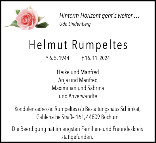 Traueranzeige von Helmut Rumpeltes von Tageszeitung