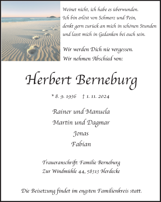 Traueranzeige von Herbert Berneburg von Tageszeitung