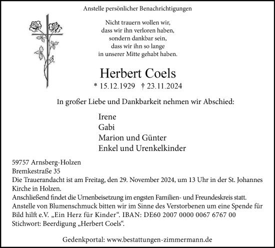 Traueranzeige von Herbert Coels von Tageszeitung