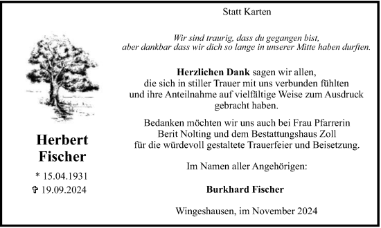 Traueranzeige von Herbert Fischer von Tageszeitung