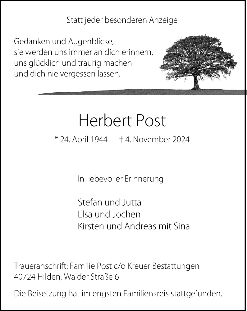  Traueranzeige für Herbert Post vom 23.11.2024 aus Tageszeitung