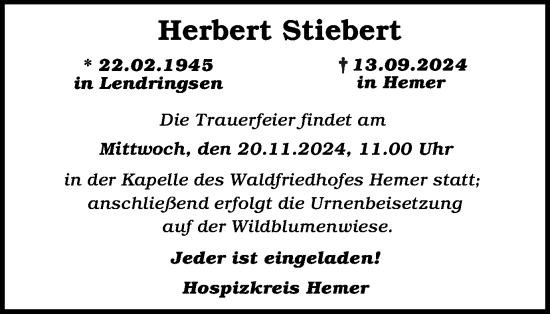 Traueranzeige von Herbert Stiebert von Tageszeitung
